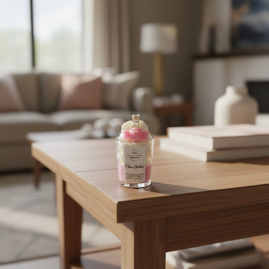 Candle in a glass container with a decorative flower on top, featuring the brand 'CalliopeShop'.