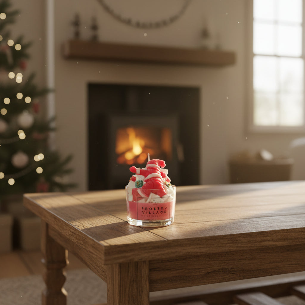 Decorative candle on a wooden table with a Christmas tree and fireplace in the background