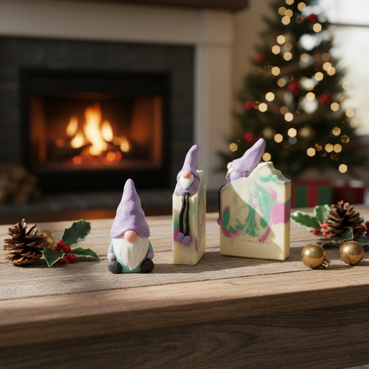 Decorative gnomes and soap bars on a wooden surface with a fireplace and Christmas tree in the background.
