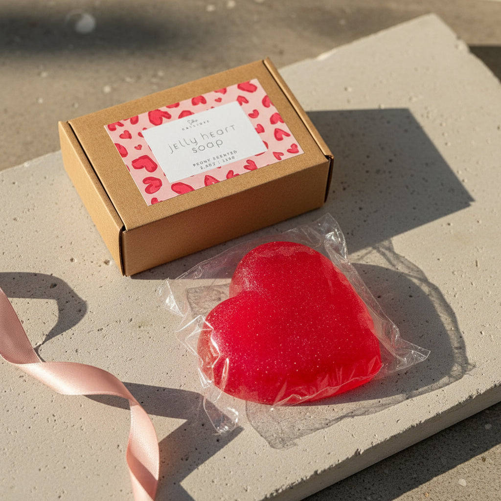 Red heart-shaped jelly soap in clear packaging with a brown box featuring a heart design on a concrete surface.