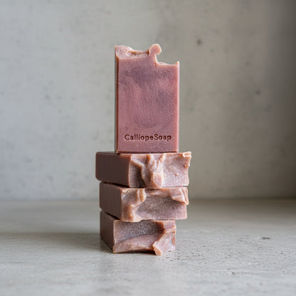 Stack of three soap bars with 'Calliope Soap' branding on a concrete surface.