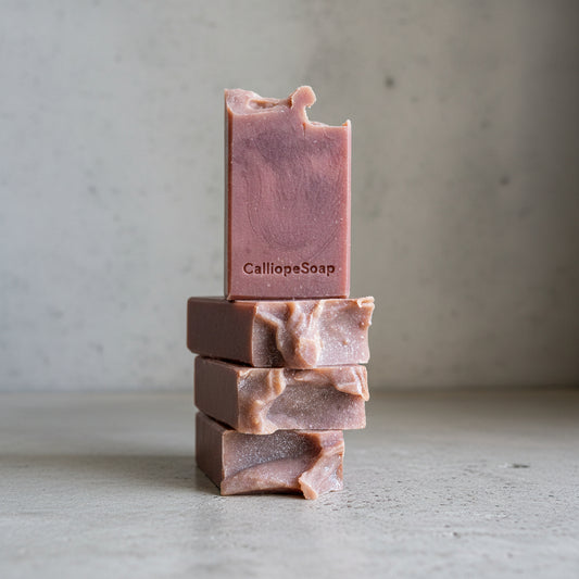 Stack of three soap bars with 'Calliope Soap' branding on a concrete surface.