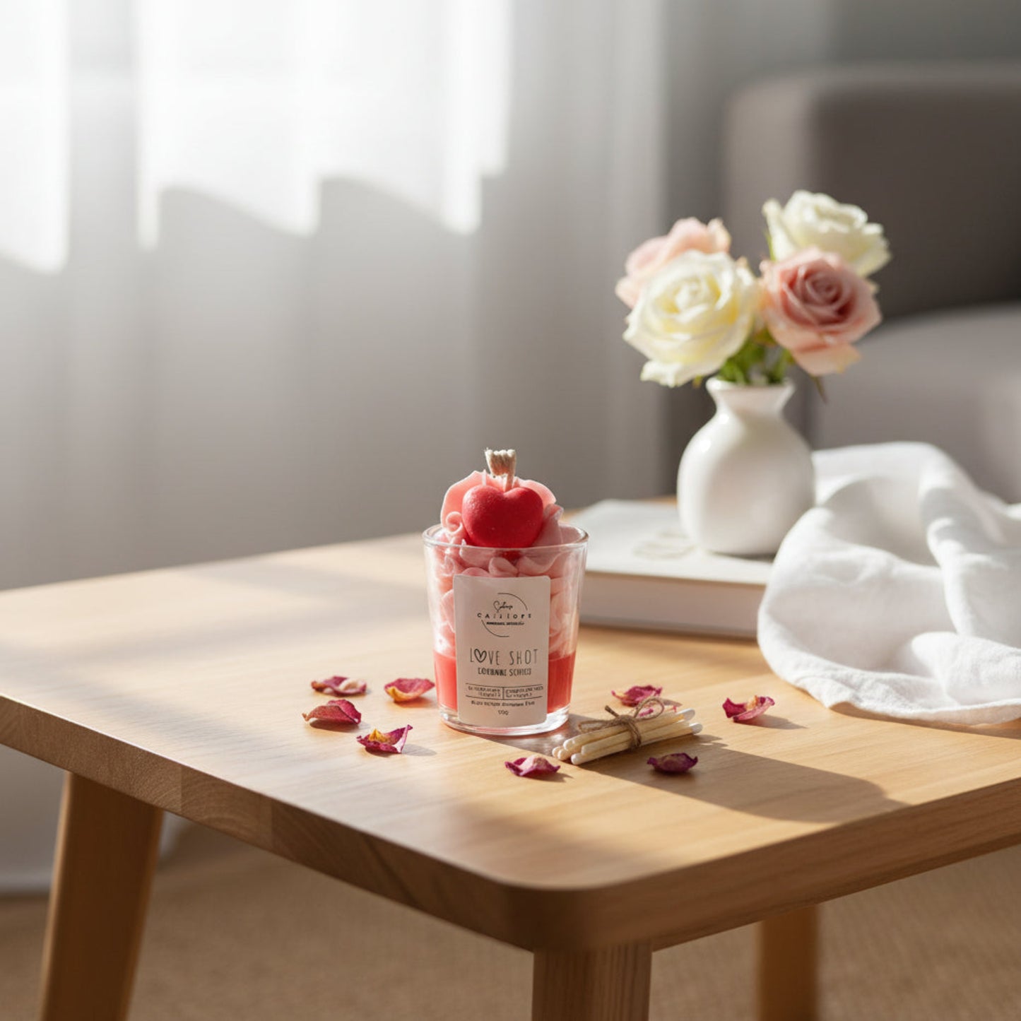Candle with a red heart decoration on a wooden table with flowers in the background