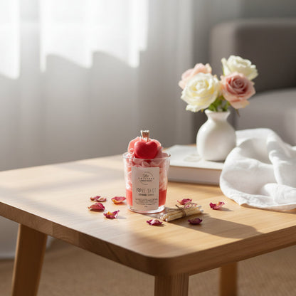 Candle with a red heart decoration on a wooden table with flowers in the background