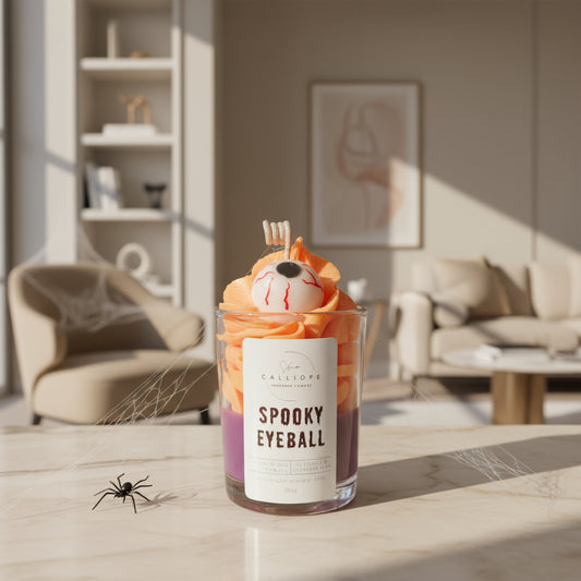 Halloween-themed candle with 'Spooky Eyeball' label on a table in a living room.