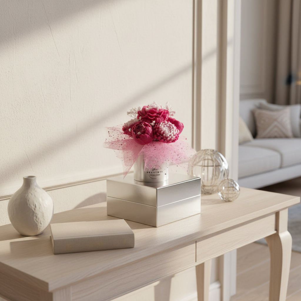 Decorative table with a vase, books, and a flower arrangement from wax, in a bright room.