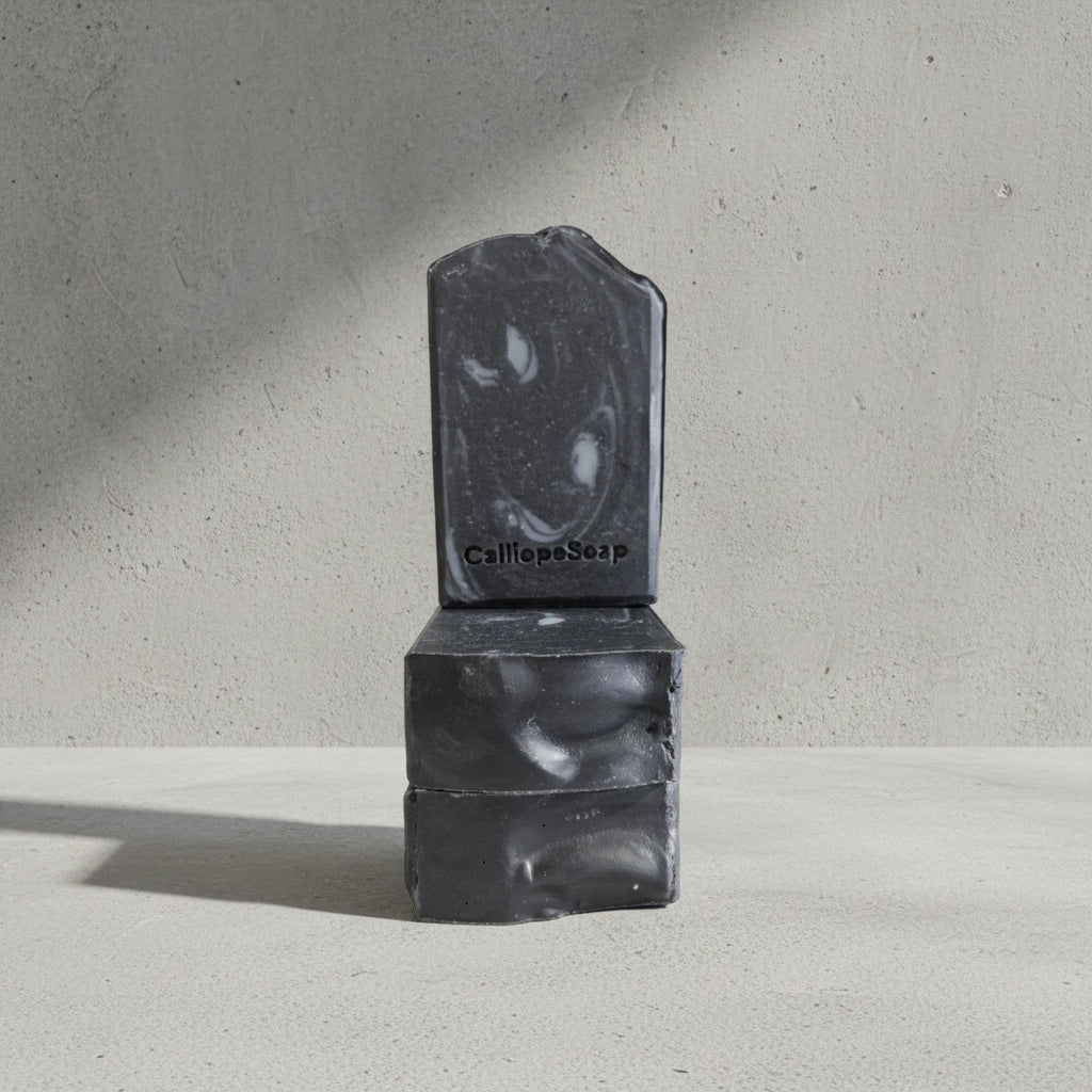 Back charcoal soaps stacked on a light surface with a gray background