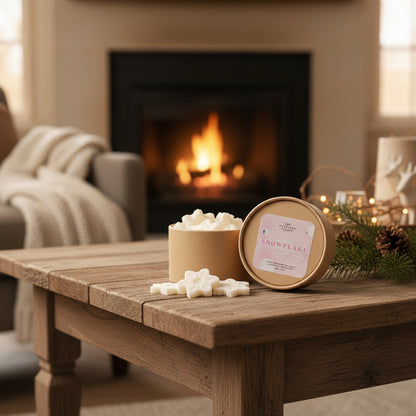 Wooden table with marshmallows and a box labeled 'Snowflake' in front of a fireplace.