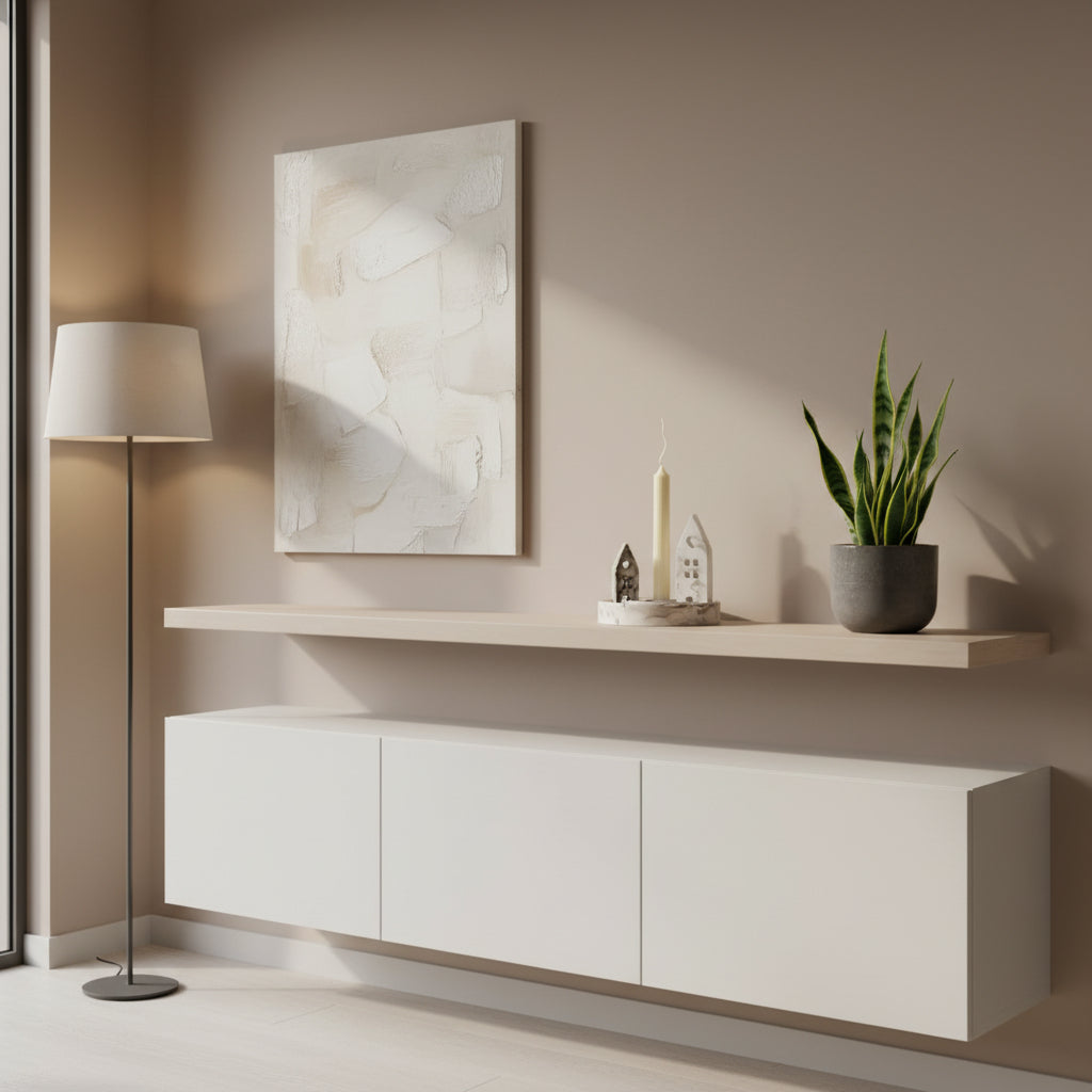 Modern interior design with a white cabinet, shelf, and decorative items.