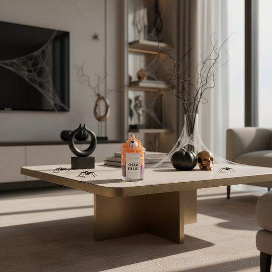 Halloween-themed candle with 'Spooky Eyeball' label on a table in a living room.