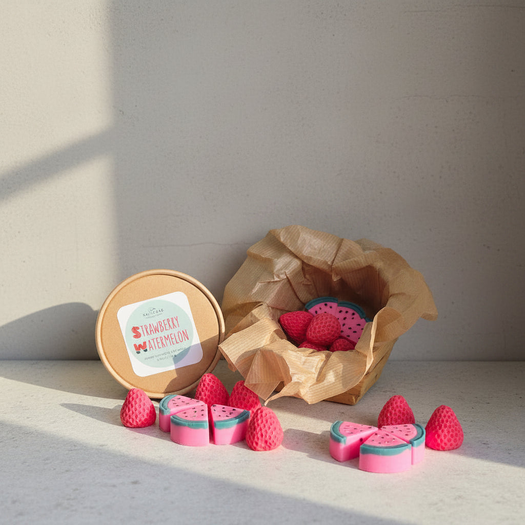 Χειροποίητα wax melts σε σχήμα φράουλας και φέτας καρπουζιού πάνω σε craft χαρτί με τη συσκευασία CalliopeShop.
