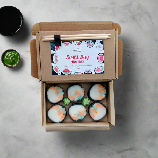 Box of 'Sushi Day' wax melts with a decorative label on a light pink background