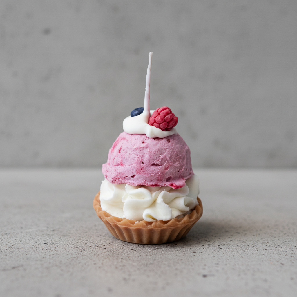 Ice cream tart candle with pink ice cream, whipped cream, and a raspberry on a gray background