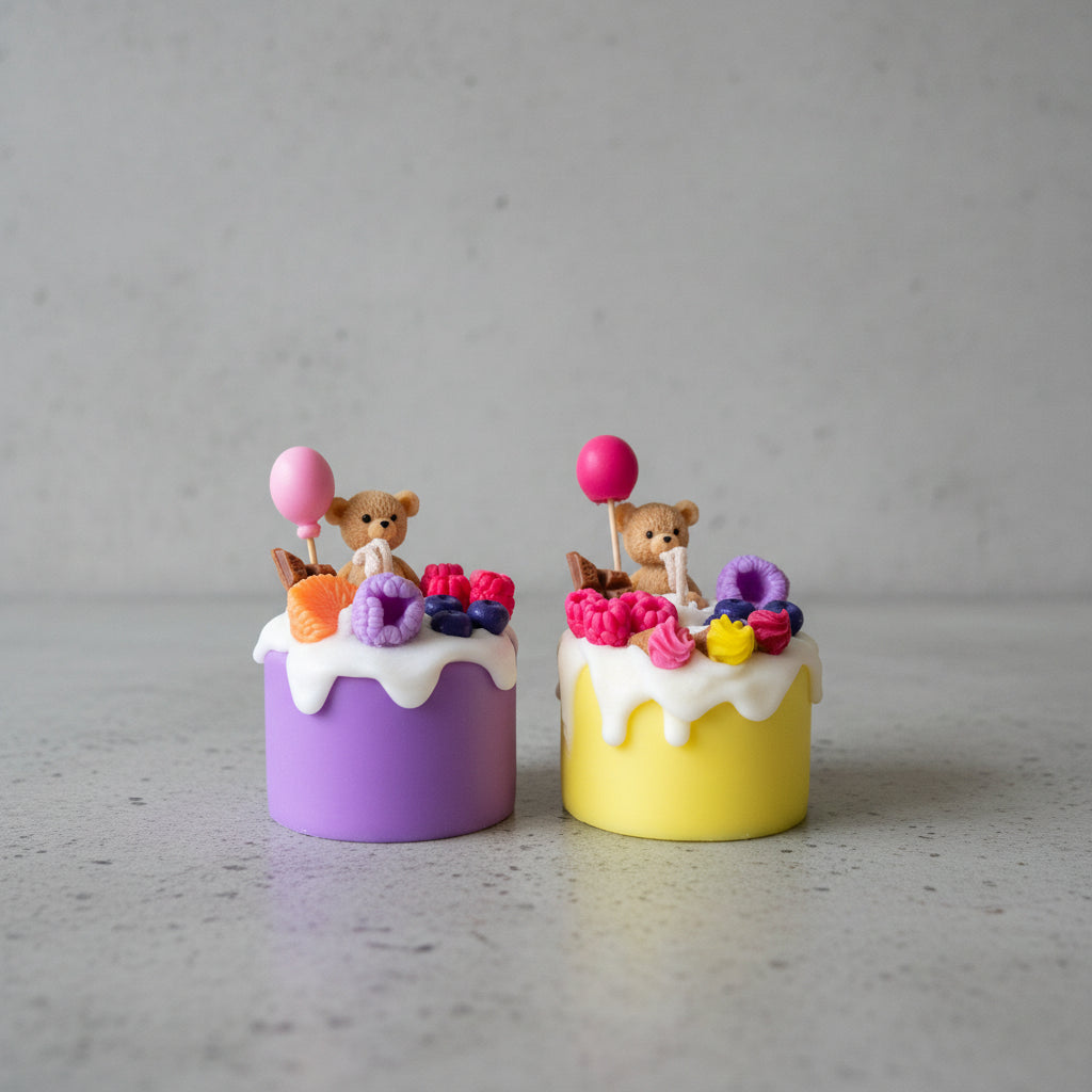 Two colorful cake candles with teddy bears and balloons on a plain background