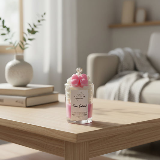Candle with a pink bow on top labeled 'Thai Orchid' by Callope.