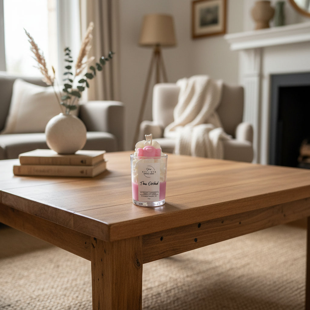 Pink candle with decorative elements on a white surface