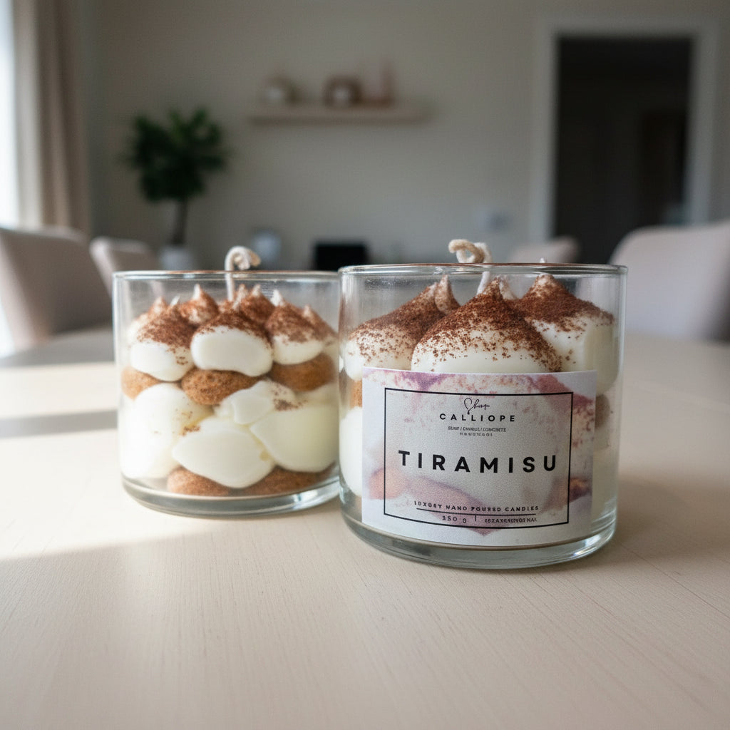 Candle with tiramisu design and 'CalliopeShop' branding on a wooden surface.