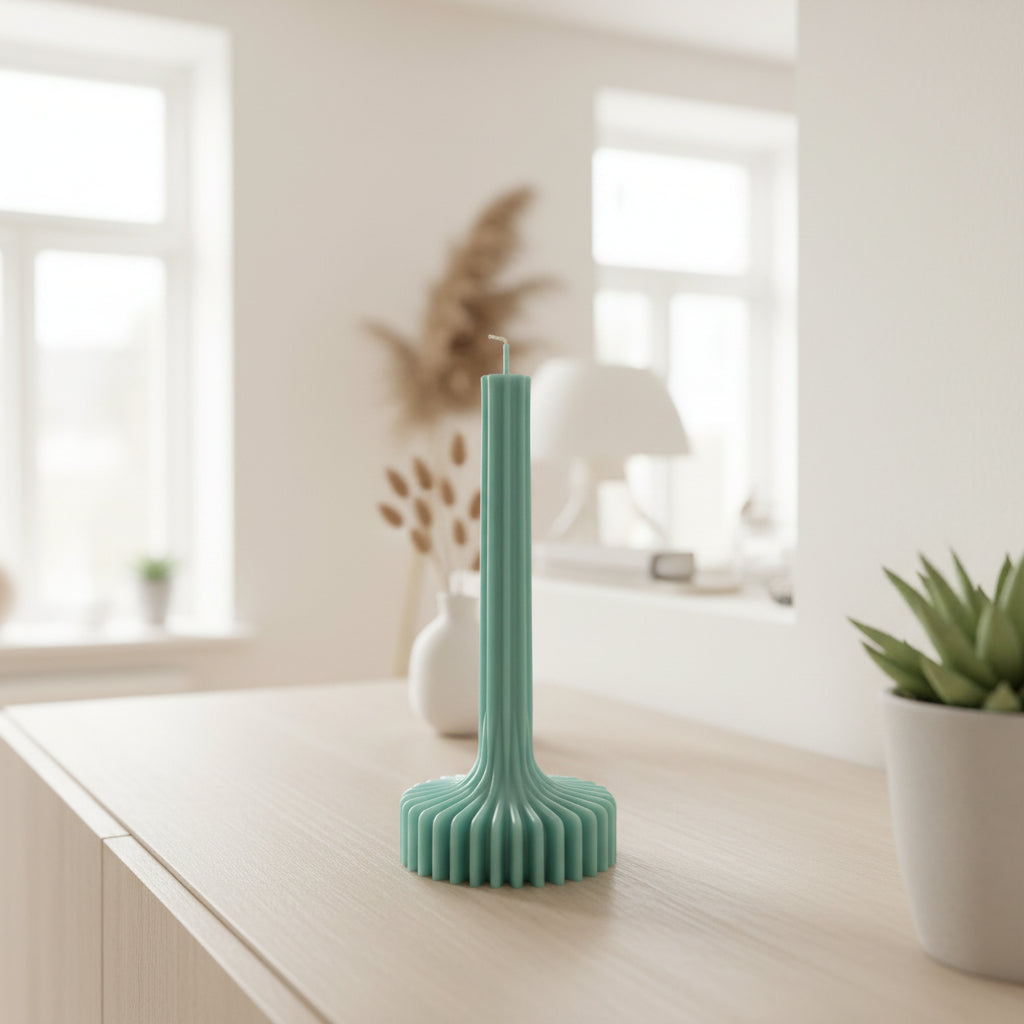 Green cactus-shaped candle on a beige surface with a light green background