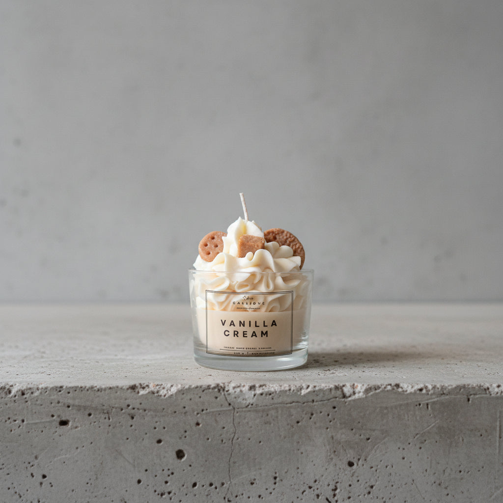 Κερί Vanilla Cream σε γυάλινο ποτήρι, τοποθετημένο σε επιφάνεια από ακατέργαστο τσιμέντο.