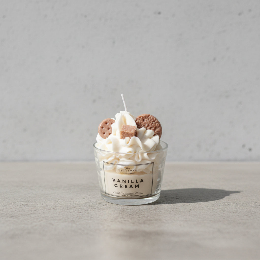 Αρωματικό κερί Vanilla Cream της Calliope σε γυάλινο ποτήρι, με φόντο ακατέργαστο τσιμέντο.