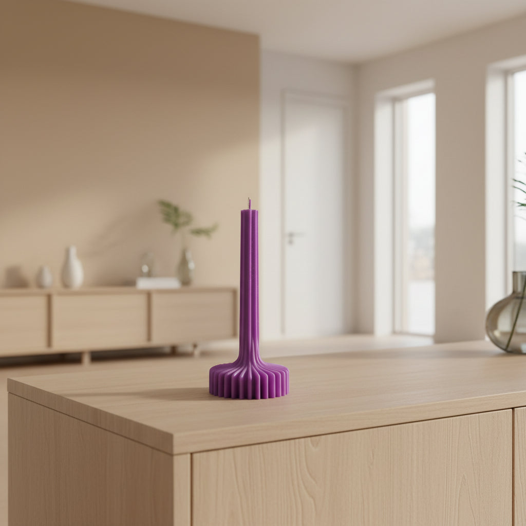Purple candle holder with a textured base on a beige background