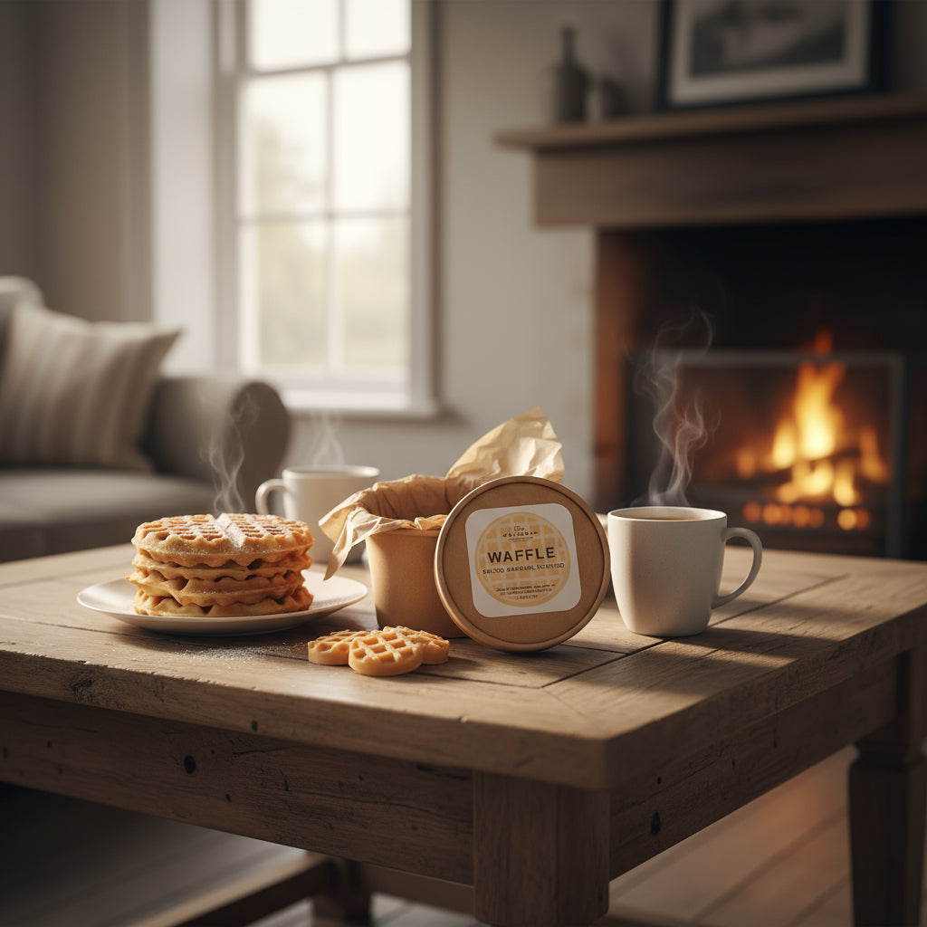 Waffles on a plate with a mug and a container labeled 'Waffle' on a wooden table in a cozy room with a fireplace.