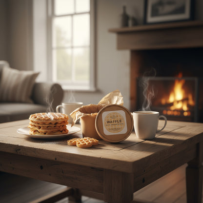 Waffles on a plate with a mug and a container labeled 'Waffle' on a wooden table in a cozy room with a fireplace.