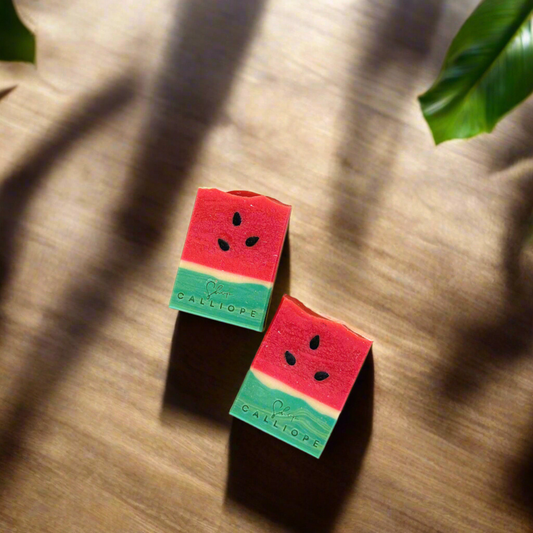 Watermelon-themed earrings on a wooden surface with a leafy background