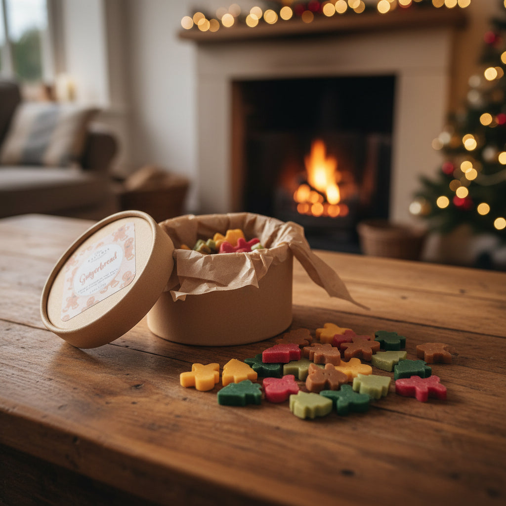 Colorful star-shaped cookies in an open box on a wooden table with a fireplace and Christmas tree in the background.
