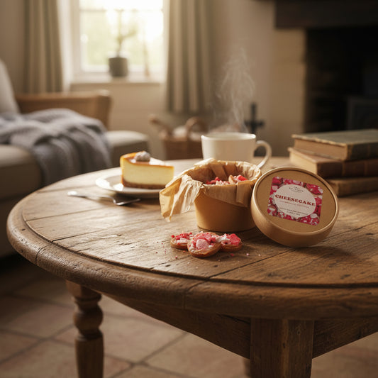 Wooden table with cheesecake wax melts, a slice of dessert and a mug in a cozy living room.