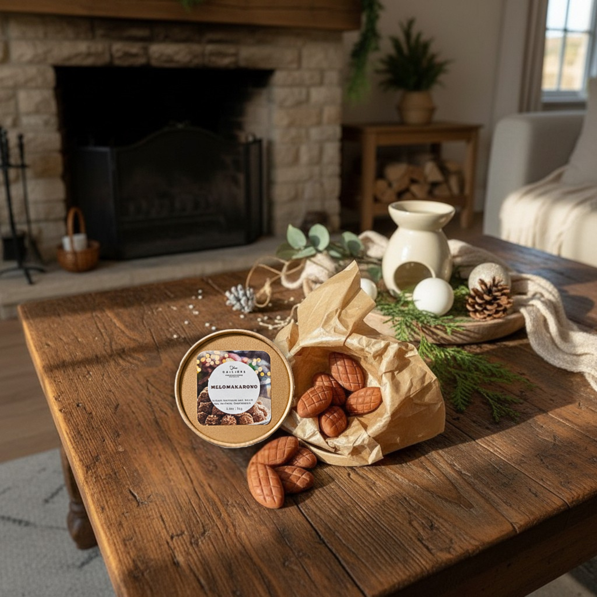 Wooden table with decorative items including a bowl of nuts, a bag of nuts, and  Melomakarono wax melts in a cozy living room setting.