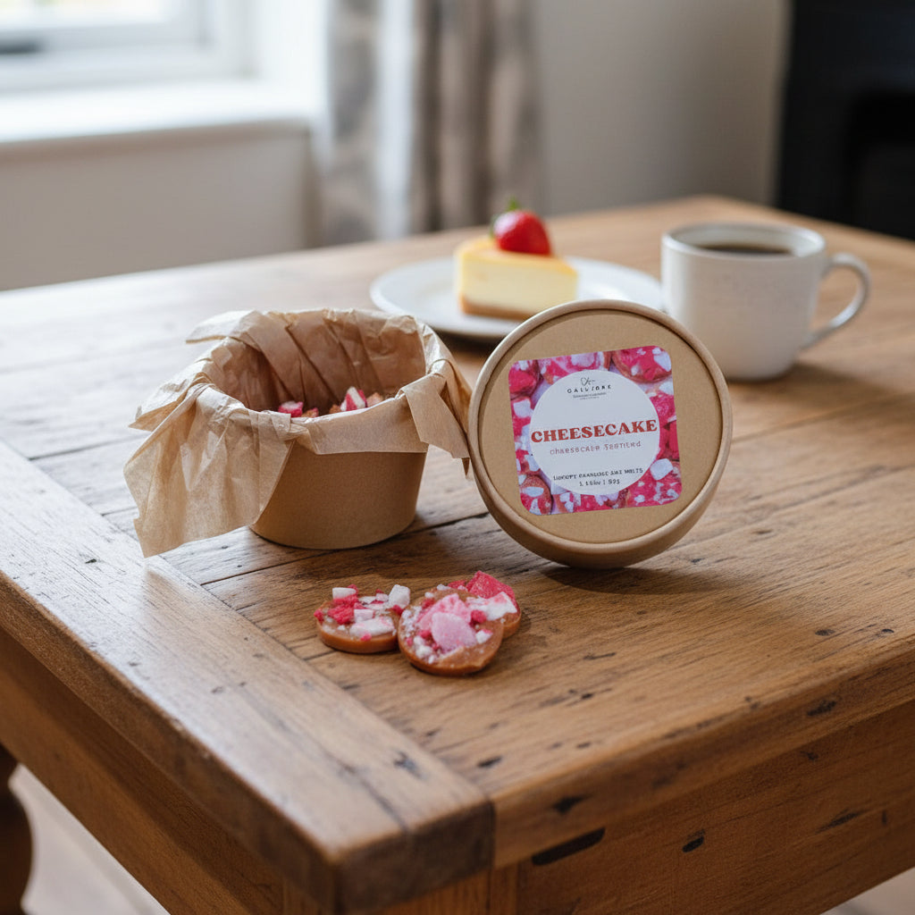Cheesecake in a container on a wooden table with a cup of coffee and cookies.