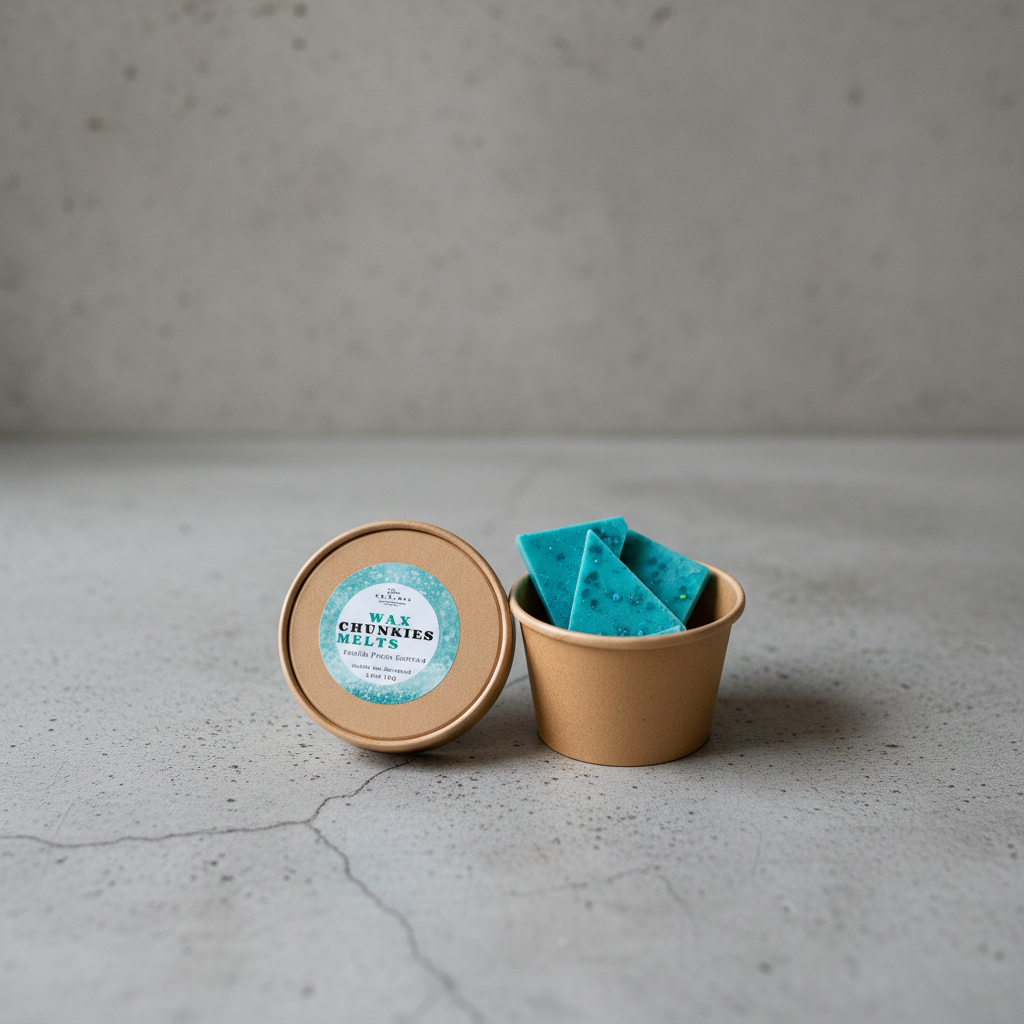 A box of blue wax melt chunkies placed inside a brown paper container, with a label that reads 'Wax Melts Chunkies'.
