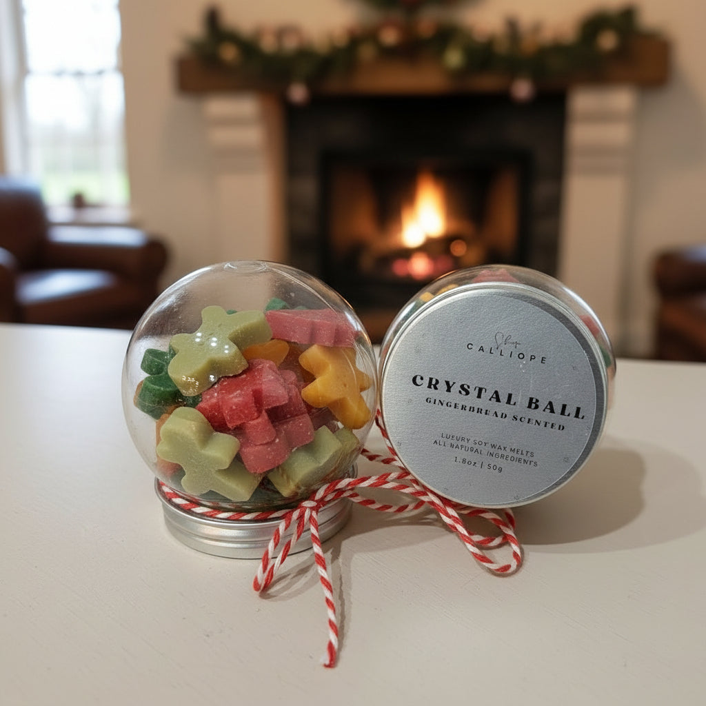 Decorative crystal ball with gingerbread-themed candies and a labeled container on a surface with a fireplace in the background.