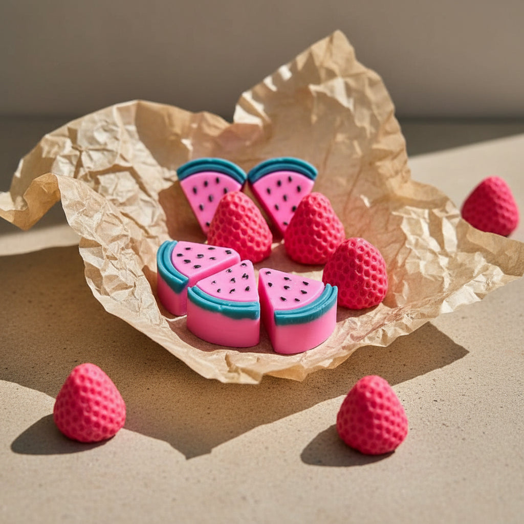 Χειροποίητα wax melts σε σχήμα φράουλας και φέτας καρπουζιού πάνω σε craft χαρτί.