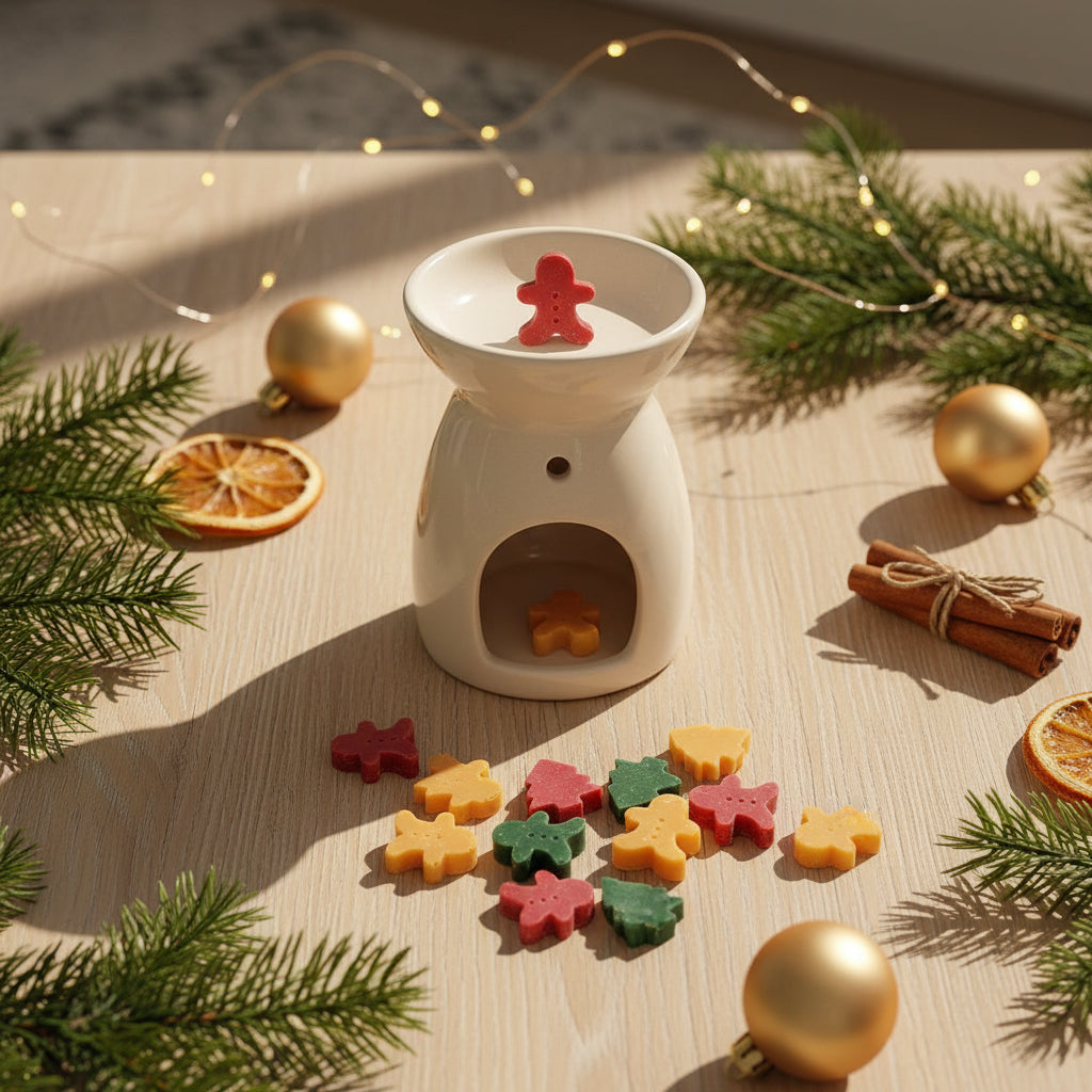 Cozy living room with a lit fireplace, wooden table with decorative items, and Christmas decorations.