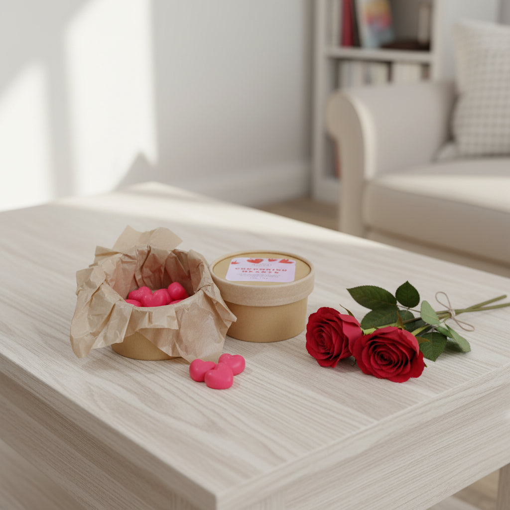 Heart shaped wax melts on a table in a bright room with a couch and bookshelf in the background.