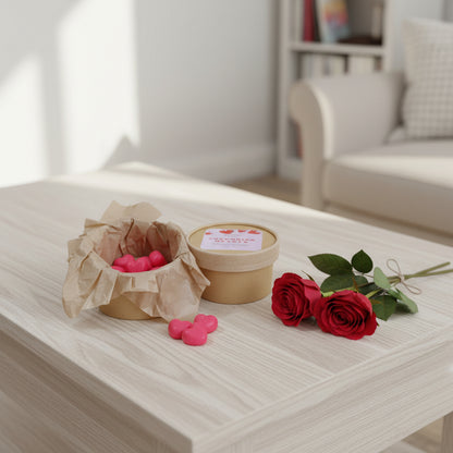 Heart shaped wax melts on a table in a bright room with a couch and bookshelf in the background.