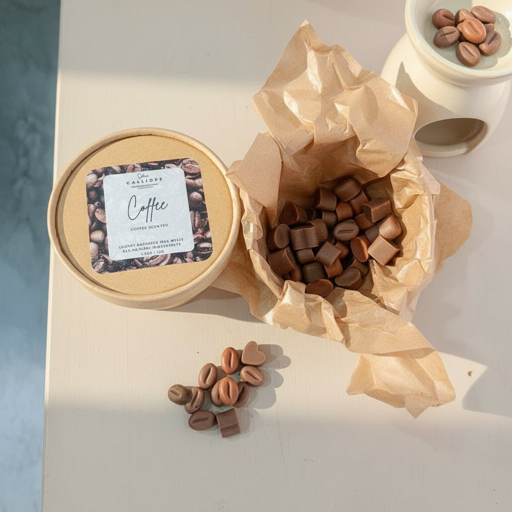 Craft box with coffee-themed packaging and coffee beans wax melts on a light surface