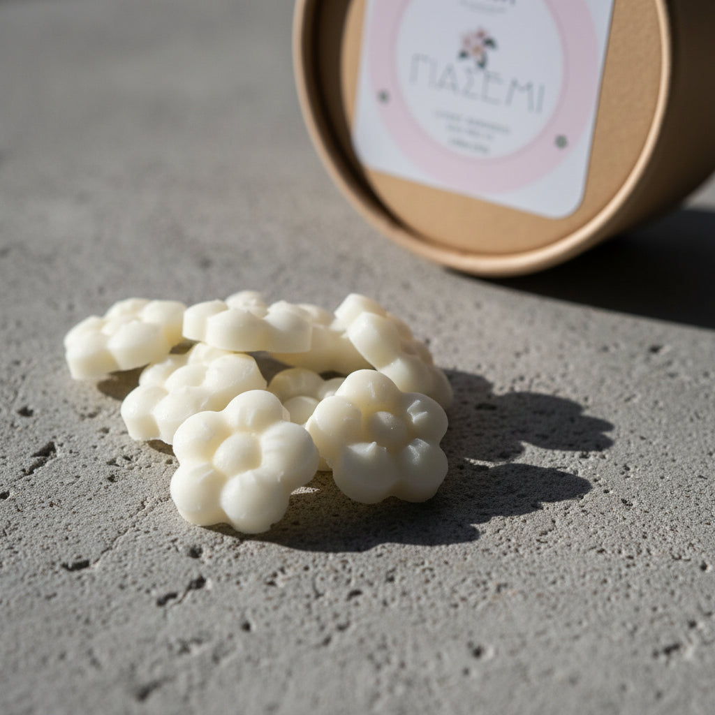 Χειροποίητα wax melts γιασεμί σε σχήμα λευκών λουλουδιών σε πρώτο πλάνο μπροστά από χάρτινο κραφτ οικολογικό κουτί Calliope.