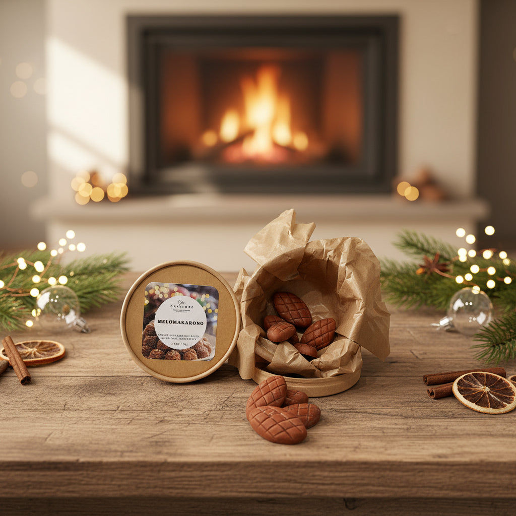 Wooden table with Melomakarono wax melts, a box of Melomakarono wax melts in front of a fireplace with Christmas decorations. The 