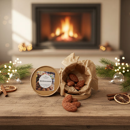 Wooden table with Melomakarono wax melts, a box of Melomakarono wax melts in front of a fireplace with Christmas decorations. The 