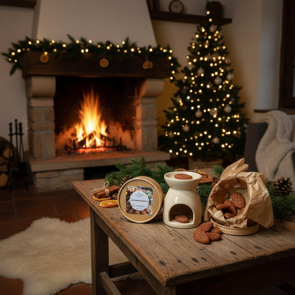 Cozy living room with a fireplace, Christmas tree, and wooden table with a wax warmer and cookies.