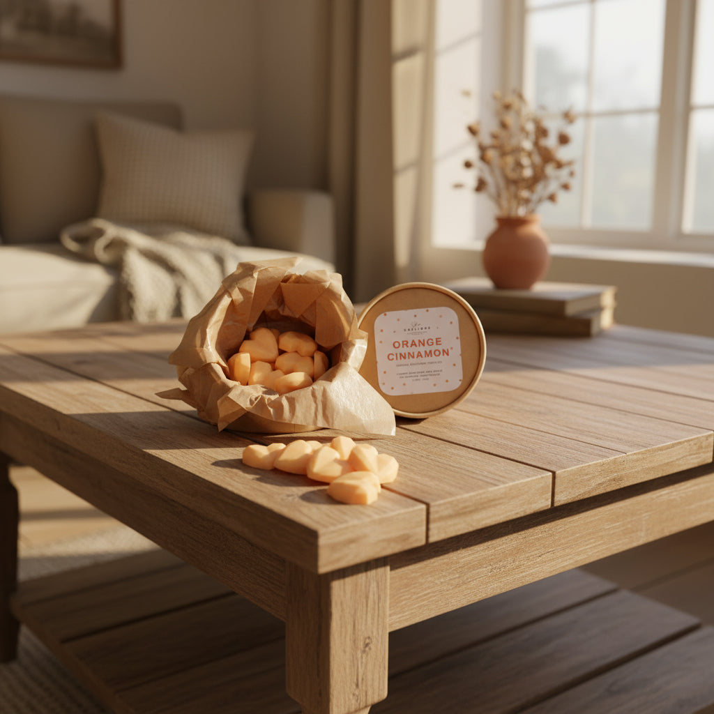 Wooden table with a bag of oranges and a container labeled 'Orange Cinnamon' in a cozy room.