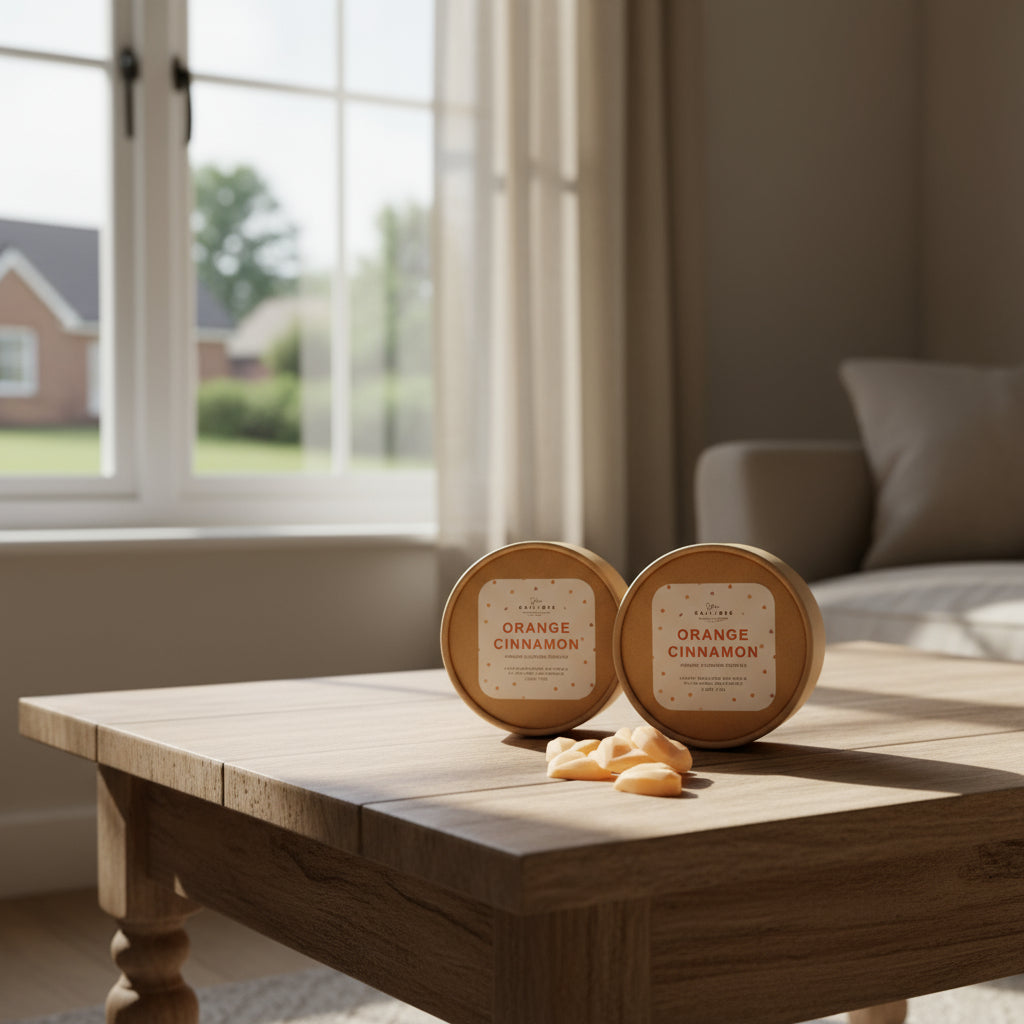 Two craft boxes labeled 'Orange Cinnamon' on a wooden table with a blurred background