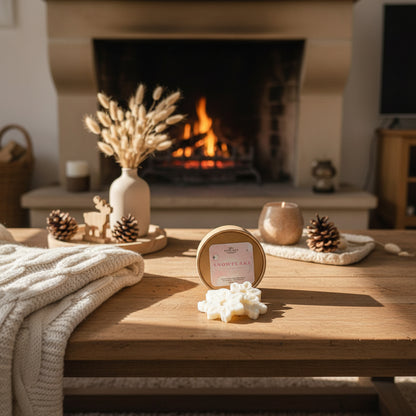 Cozy living room with a fireplace, wooden table, and decorative items.