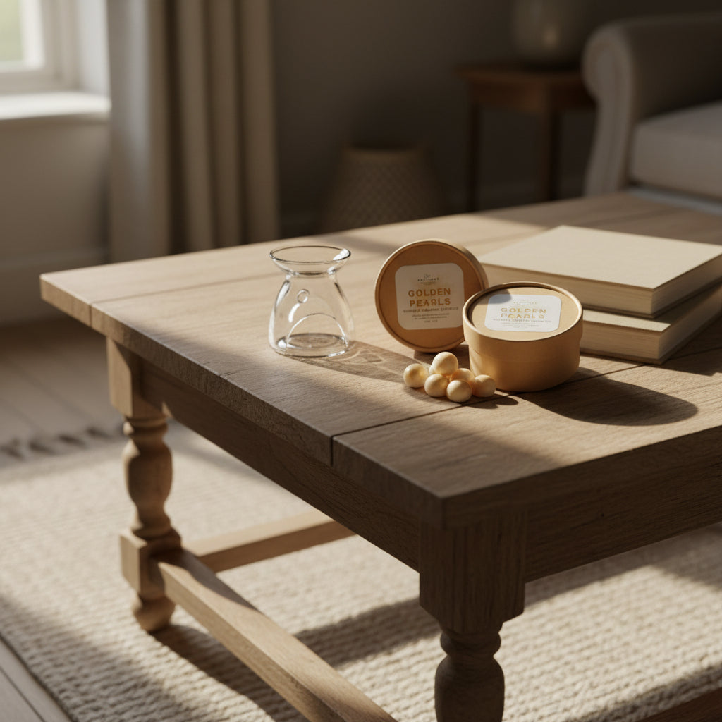 Wooden coffee table with decorative items in a cozy living room.