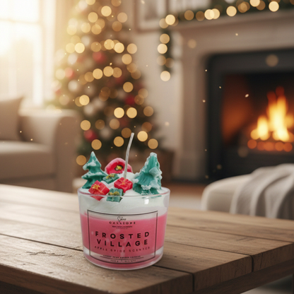 Frosted Village candle on a wooden table with a festive background