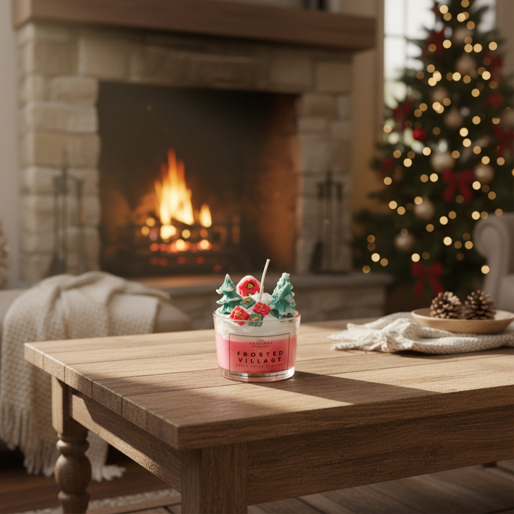 Frosted Village candle on a wooden table with a fireplace and Christmas tree in the background