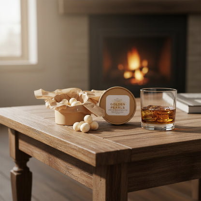 Glass of whiskey on a wooden table with 'Golden Pearls' product and fireplace in the background
